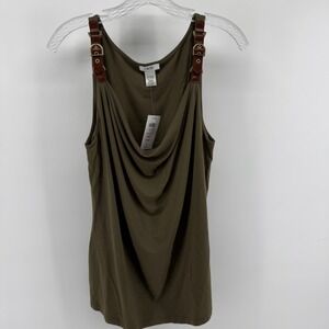 Cache Womens Olive Green Cowl Neck Tank Top Faux Leather Buckle Straps Large NEW
